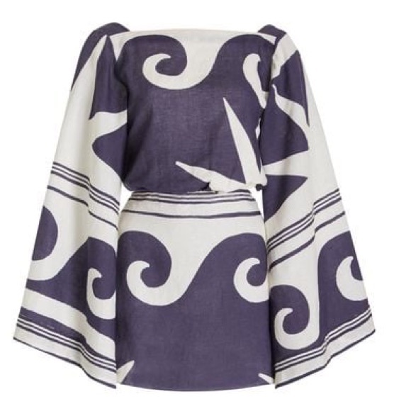 Johanna Ortiz Wave After Wave Tie Back Mini Dress Organic Linen Statement Sleeve - Picture 6 of 12